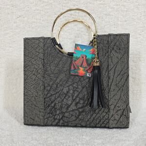 Mexican Gray Tooled Leather Handbag with Gold Tone Ring Handles